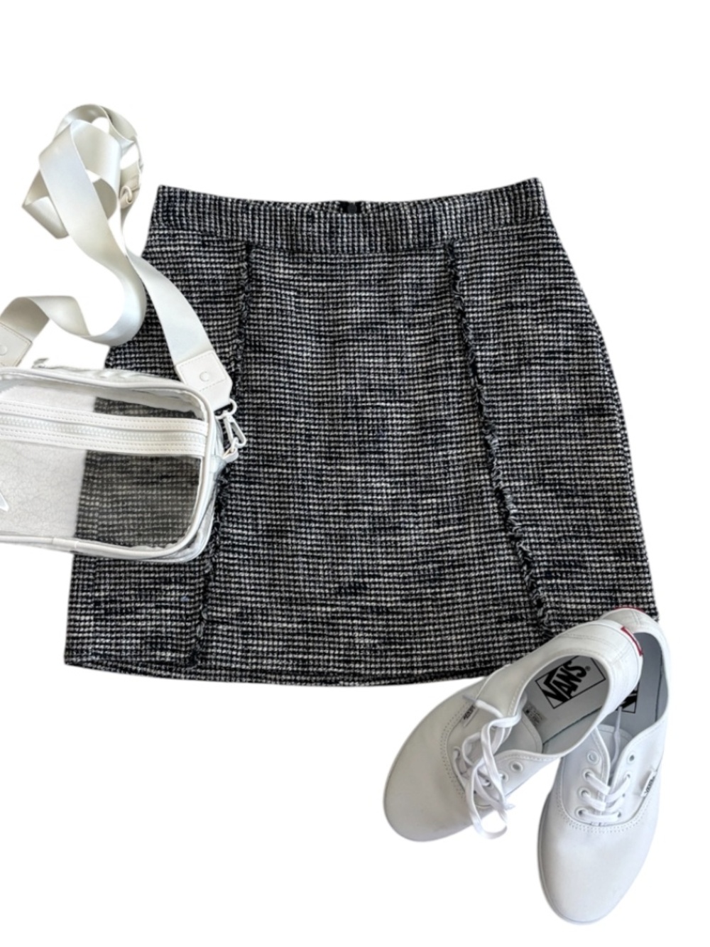 Zara Fringe Seamed Mini Skirt - Blue & White Tweed Size S